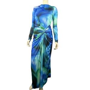 DASKA Maxi Dress Womens Blue Green Abstract Twist Front Long Sleeve Modest‎